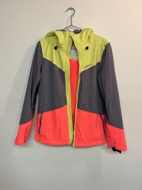 O'Neill Girls' Colorblock Hooded Rain Jacket in Gray, Neon Yellow & Coral